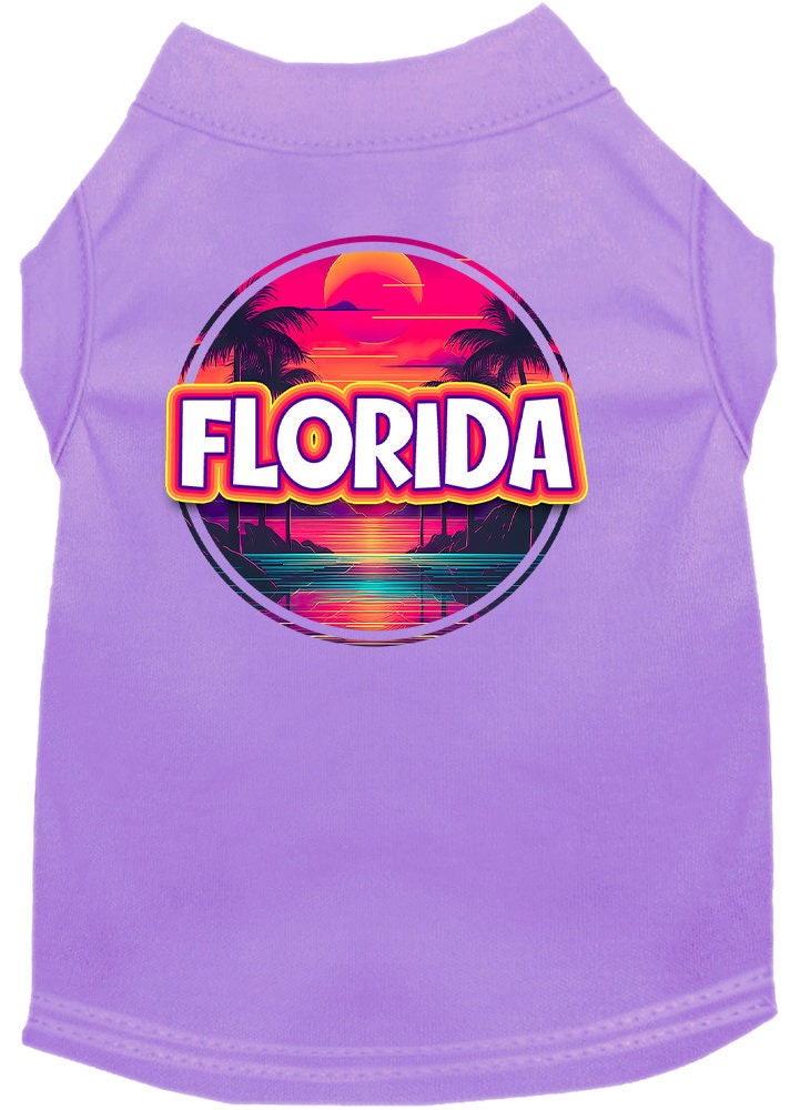 A vibrant screen printed shirt for medium to large pets featuring a Florida Neon Beach Sunset design, showcasing bright colors and a comfortable fit.