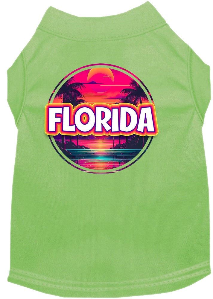 A vibrant screen printed shirt for medium to large pets featuring a Florida Neon Beach Sunset design, showcasing bright colors and a comfortable fit.