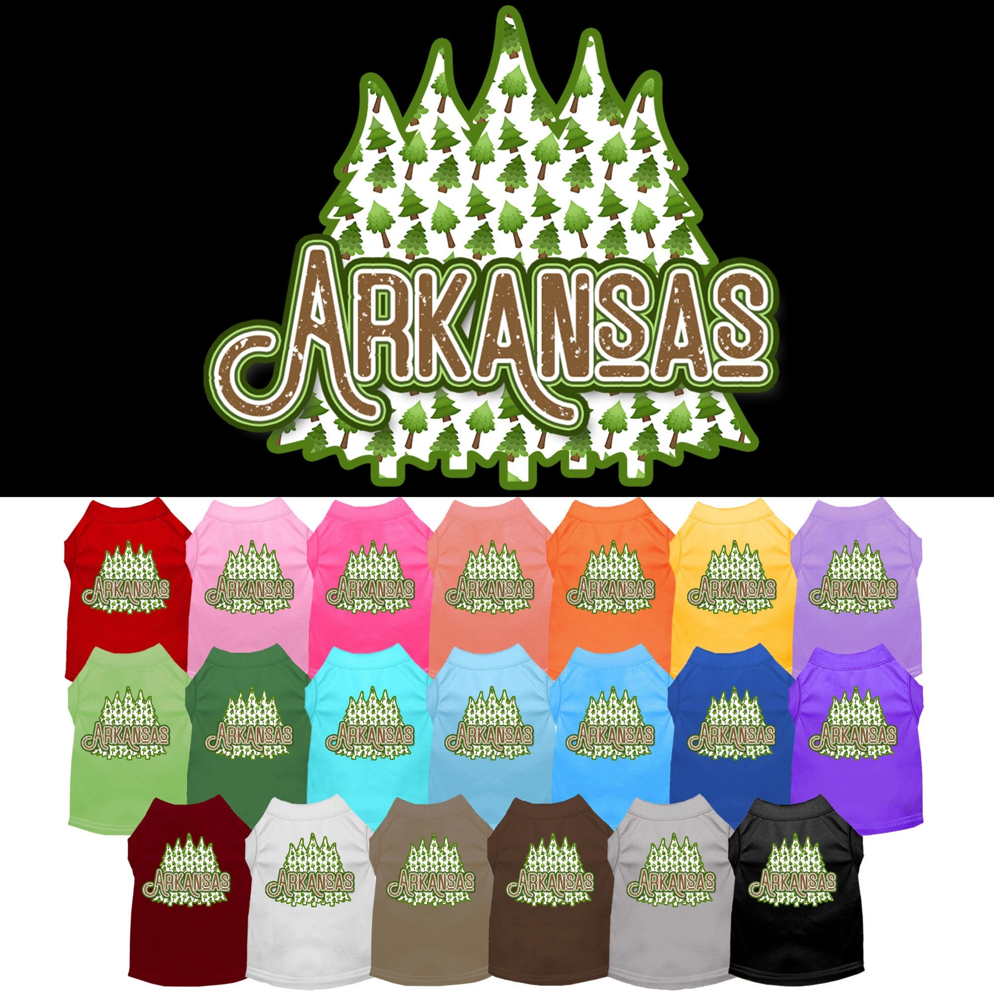 A medium to large pet wearing a stylish screen printed shirt featuring Arkansas Woodland Trees design, showcasing comfort and durability.