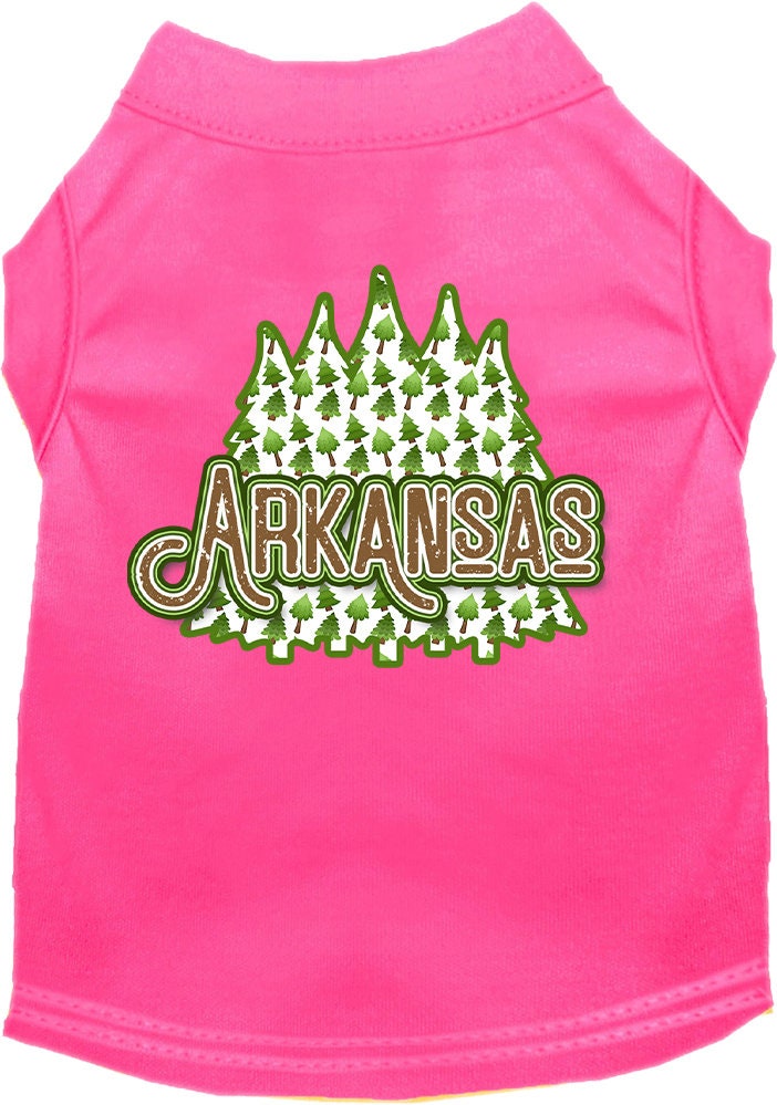 A medium to large pet wearing a stylish screen printed shirt featuring Arkansas Woodland Trees design, showcasing comfort and durability.