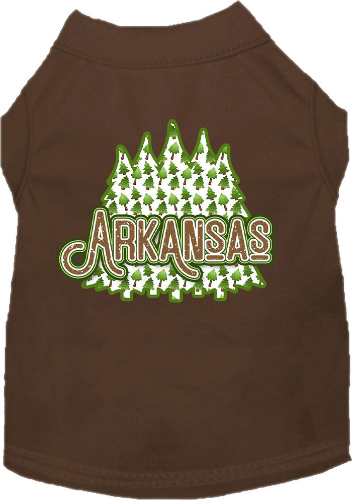A medium to large pet wearing a stylish screen printed shirt featuring Arkansas Woodland Trees design, showcasing comfort and durability.