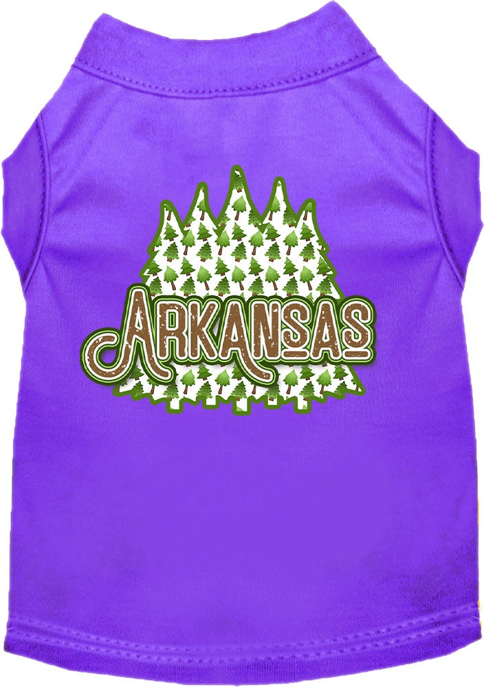 A medium to large pet wearing a stylish screen printed shirt featuring Arkansas Woodland Trees design, showcasing comfort and durability.