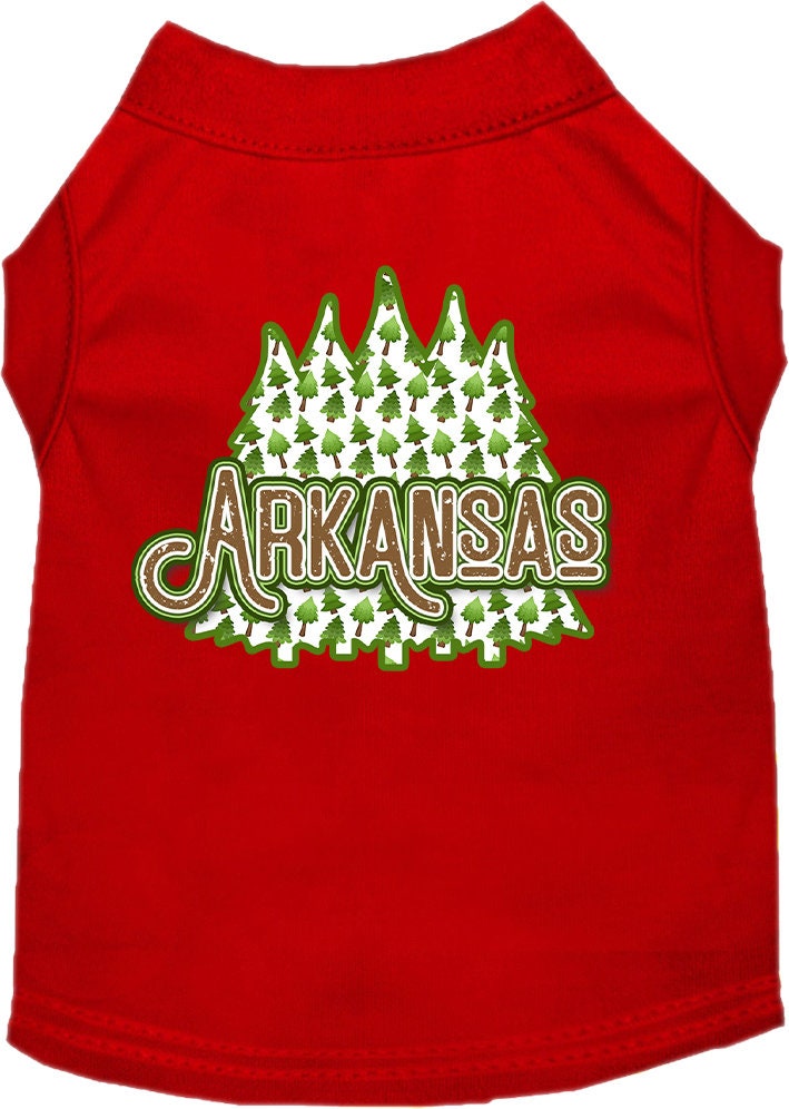 A medium to large pet wearing a stylish screen printed shirt featuring Arkansas Woodland Trees design, showcasing comfort and durability.