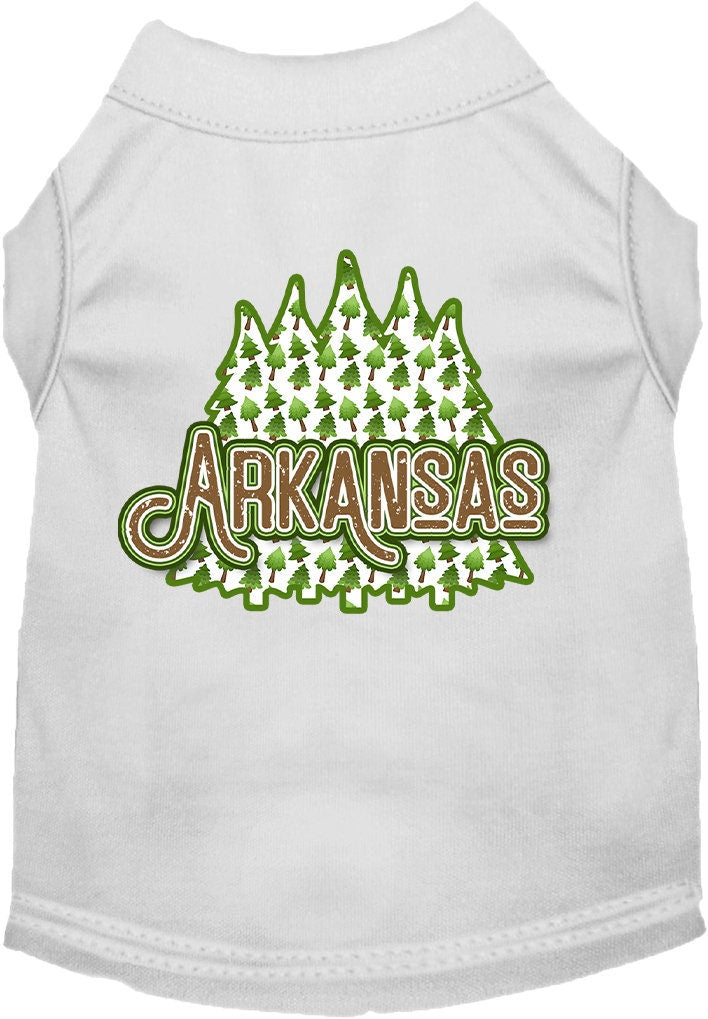 A medium to large pet wearing a stylish screen printed shirt featuring Arkansas Woodland Trees design, showcasing comfort and durability.