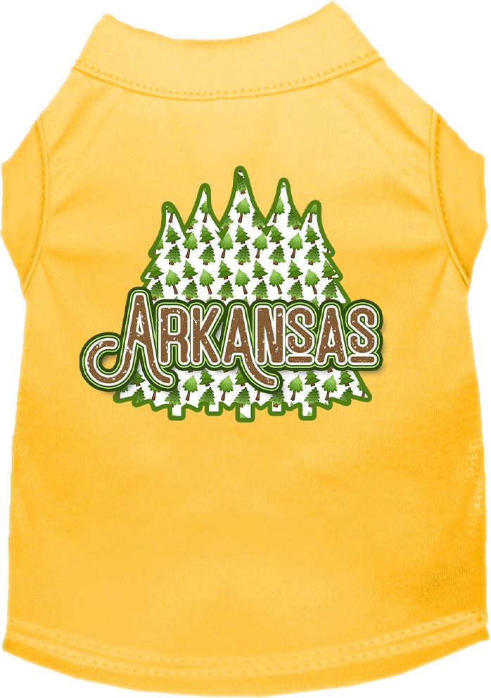 A medium to large pet wearing a stylish screen printed shirt featuring Arkansas Woodland Trees design, showcasing comfort and durability.