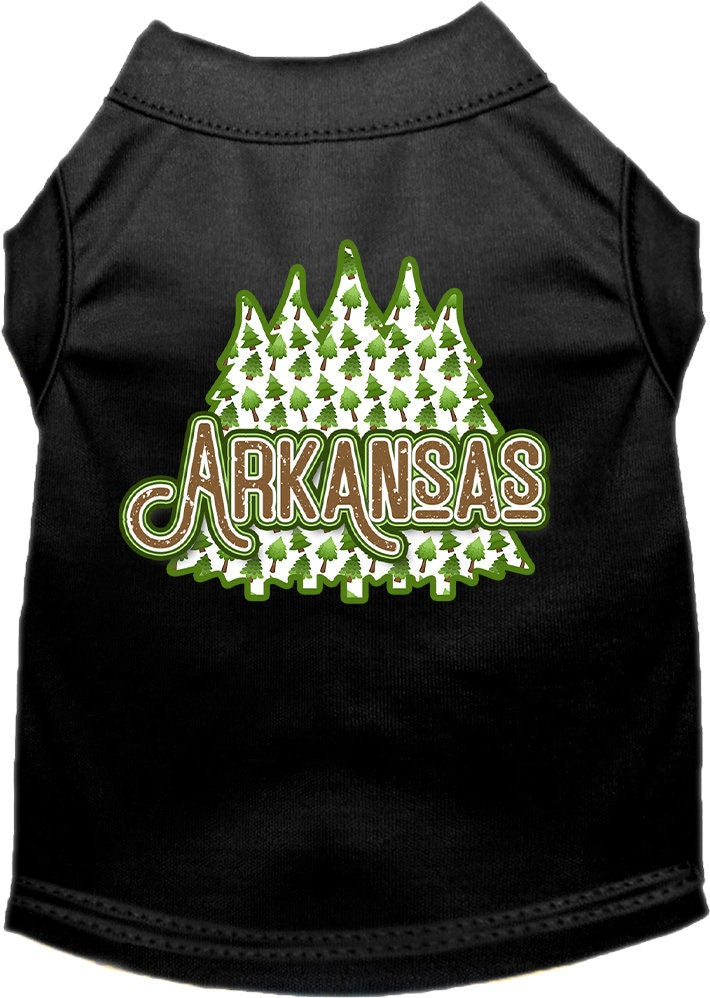 A medium to large pet wearing a stylish screen printed shirt featuring Arkansas Woodland Trees design, showcasing comfort and durability.