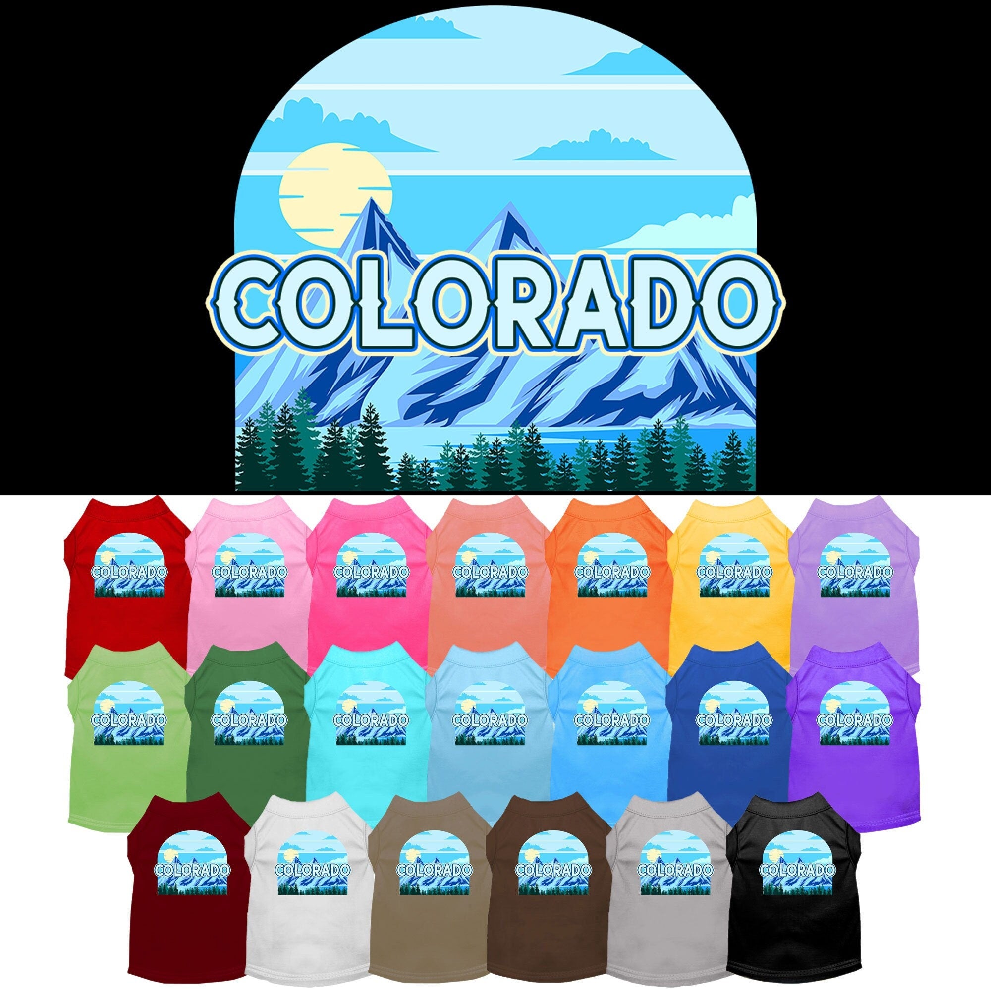 A medium to large pet wearing a Colorado Trailblazer screen printed shirt, showcasing its vibrant design and comfortable fit.