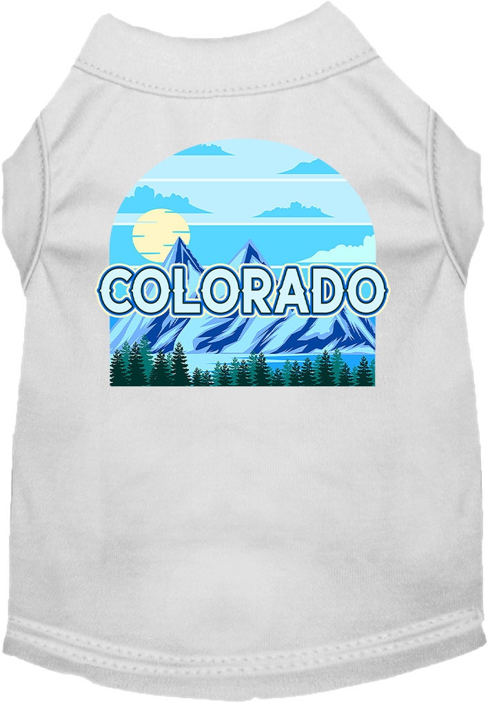 A medium to large pet wearing a Colorado Trailblazer screen printed shirt, showcasing its vibrant design and comfortable fit.
