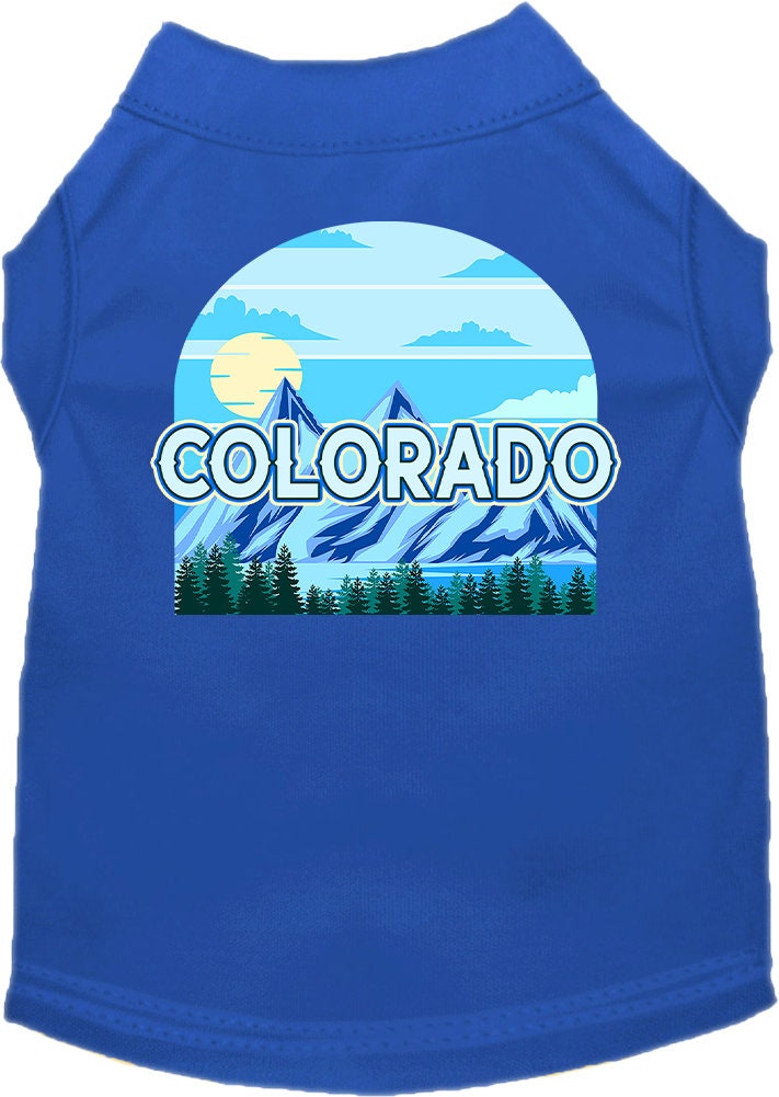 A medium to large pet wearing a Colorado Trailblazer screen printed shirt, showcasing its vibrant design and comfortable fit.