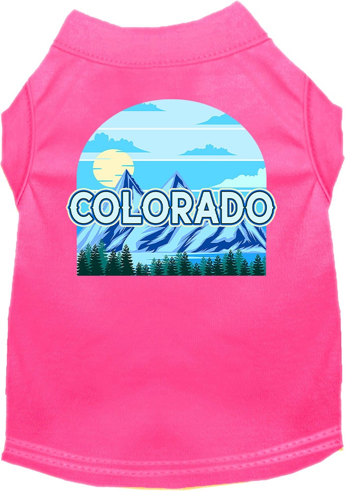 A medium to large pet wearing a Colorado Trailblazer screen printed shirt, showcasing its vibrant design and comfortable fit.