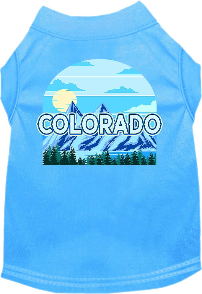 A medium to large pet wearing a Colorado Trailblazer screen printed shirt, showcasing its vibrant design and comfortable fit.
