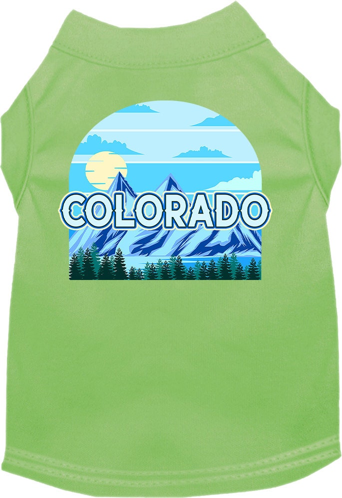 A medium to large pet wearing a Colorado Trailblazer screen printed shirt, showcasing its vibrant design and comfortable fit.