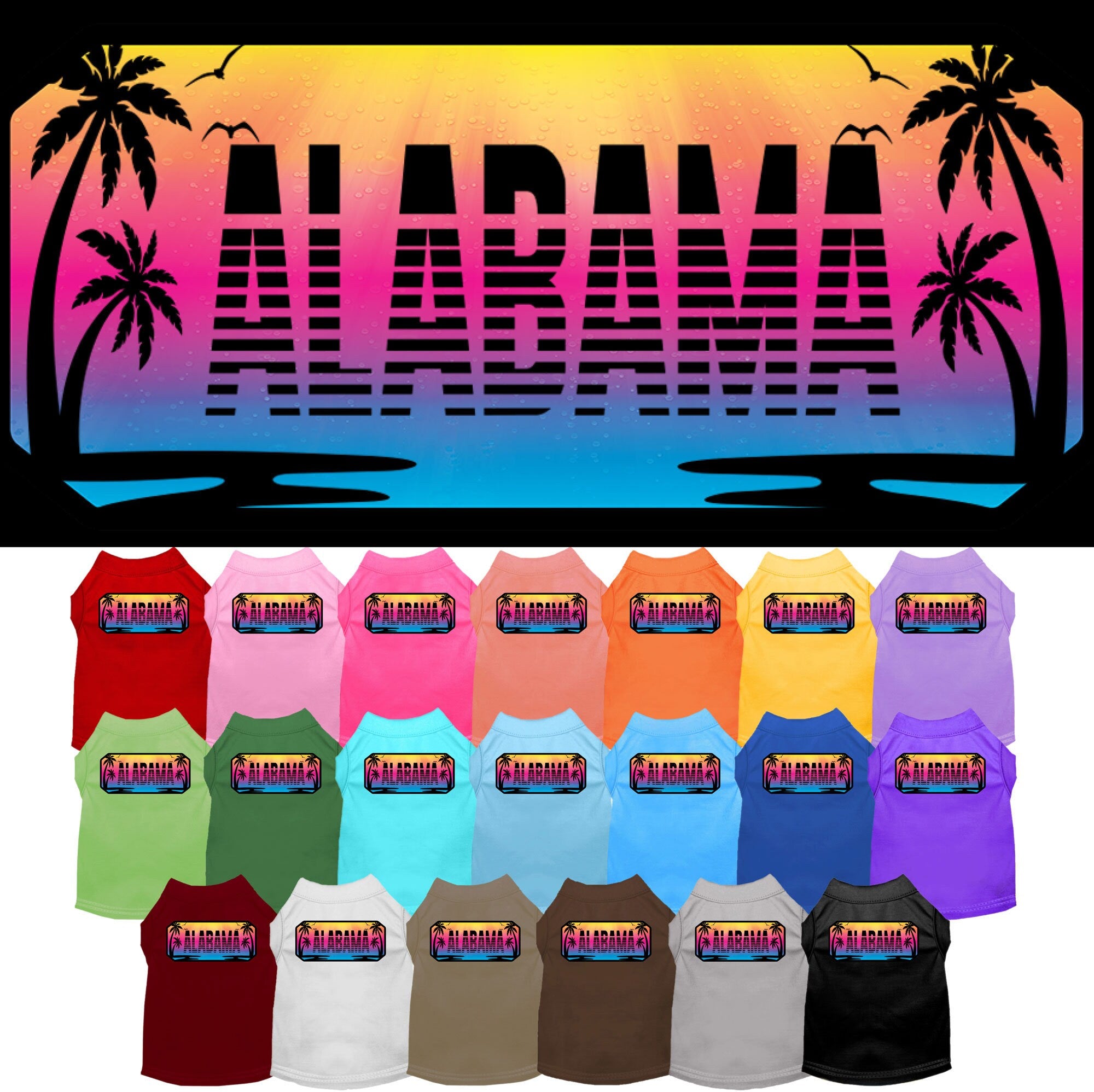 A medium to large pet wearing a stylish screen printed shirt with a vibrant 'Alabama Beach Shades' design, showcasing comfort and durability.