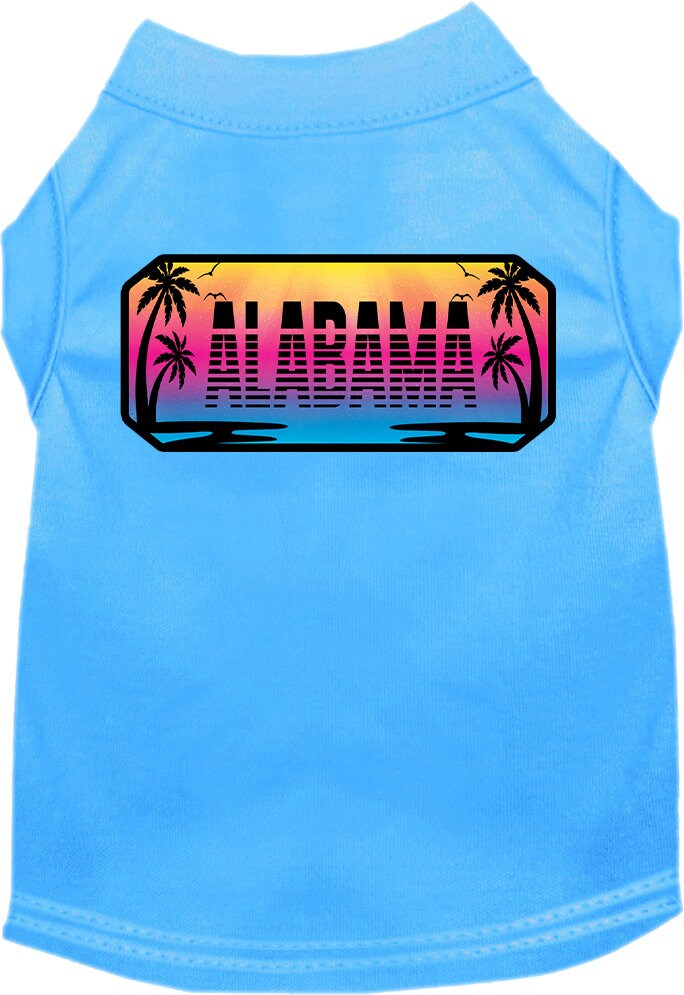 A medium to large pet wearing a stylish screen printed shirt with a vibrant 'Alabama Beach Shades' design, showcasing comfort and durability.