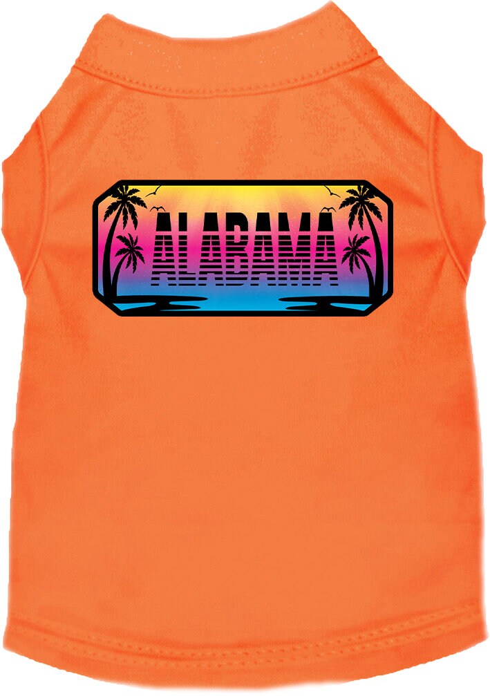 A medium to large pet wearing a stylish screen printed shirt with a vibrant 'Alabama Beach Shades' design, showcasing comfort and durability.
