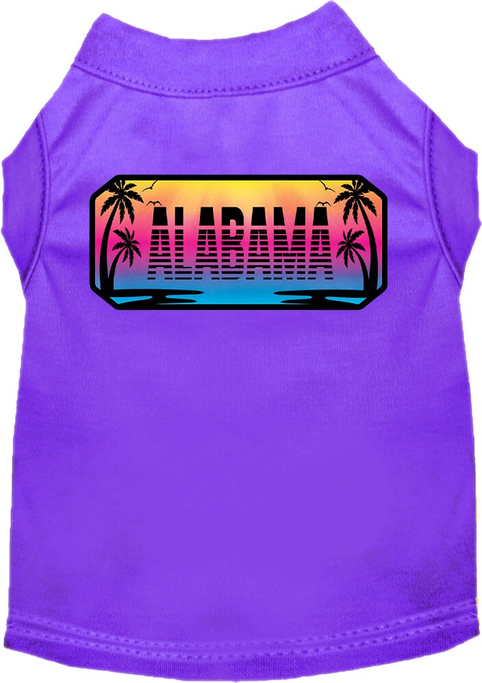 A medium to large pet wearing a stylish screen printed shirt with a vibrant 'Alabama Beach Shades' design, showcasing comfort and durability.