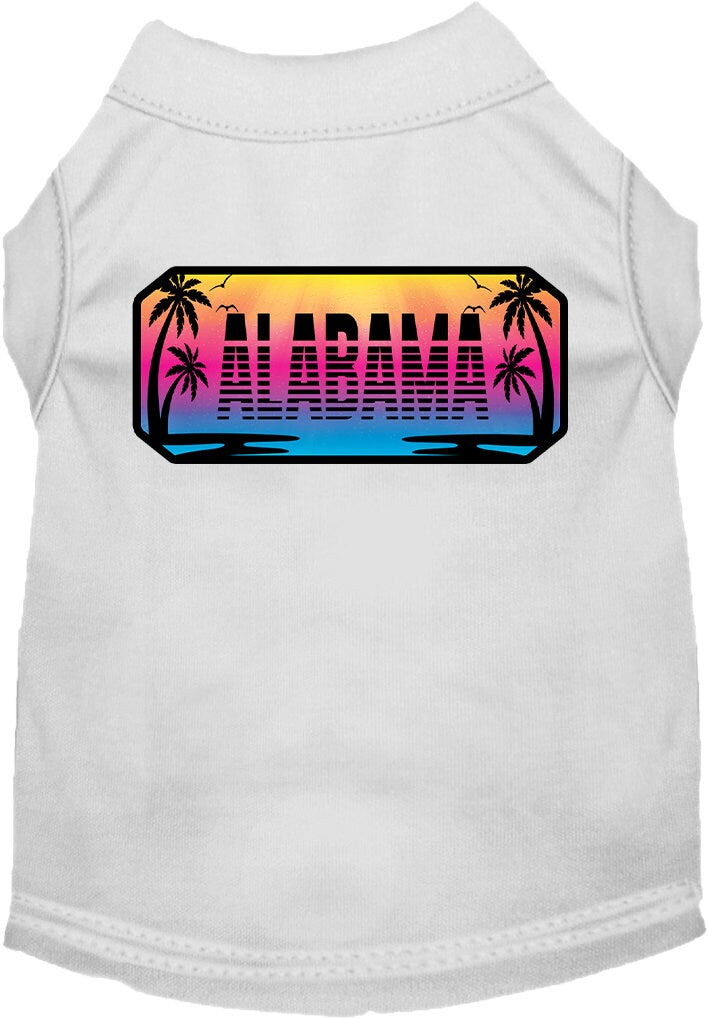 A medium to large pet wearing a stylish screen printed shirt with a vibrant 'Alabama Beach Shades' design, showcasing comfort and durability.