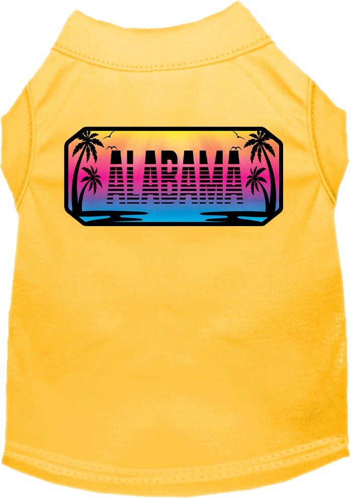A medium to large pet wearing a stylish screen printed shirt with a vibrant 'Alabama Beach Shades' design, showcasing comfort and durability.