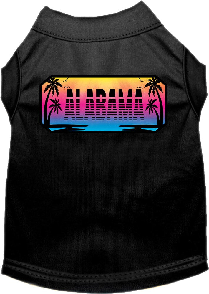 A medium to large pet wearing a stylish screen printed shirt with a vibrant 'Alabama Beach Shades' design, showcasing comfort and durability.