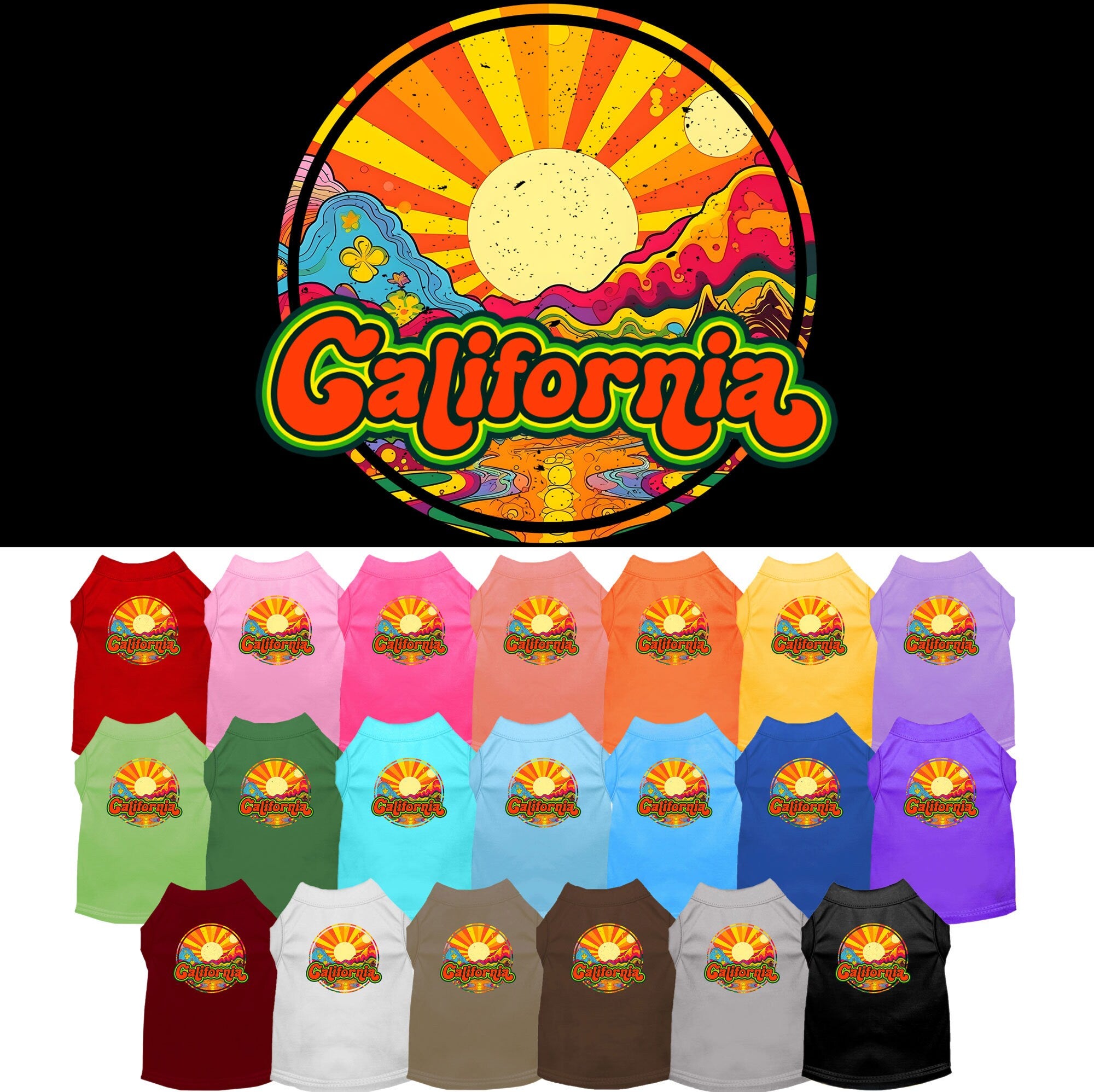 A medium to large pet wearing a stylish screen printed shirt with a 'California Mellow Mountain' design, showcasing comfort and durability.