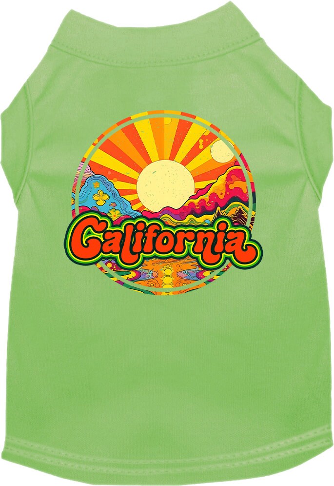 A medium to large pet wearing a stylish screen printed shirt with a 'California Mellow Mountain' design, showcasing comfort and durability.
