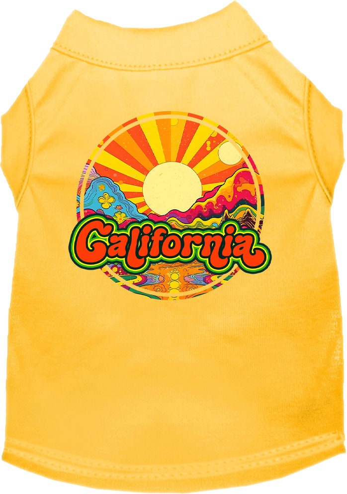 A medium to large pet wearing a stylish screen printed shirt with a 'California Mellow Mountain' design, showcasing comfort and durability.