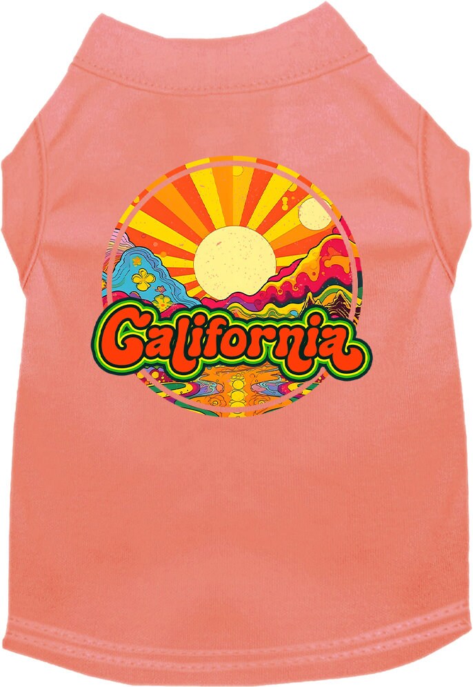 A medium to large pet wearing a stylish screen printed shirt with a 'California Mellow Mountain' design, showcasing comfort and durability.