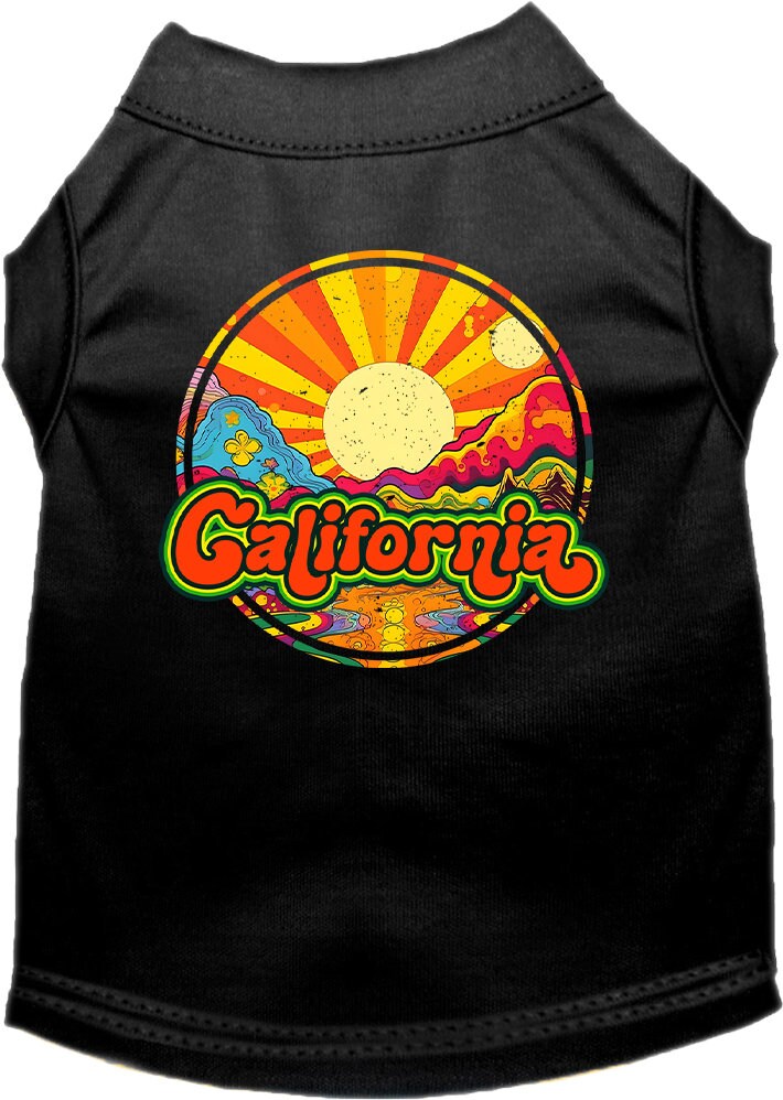 A medium to large pet wearing a stylish screen printed shirt with a 'California Mellow Mountain' design, showcasing comfort and durability.