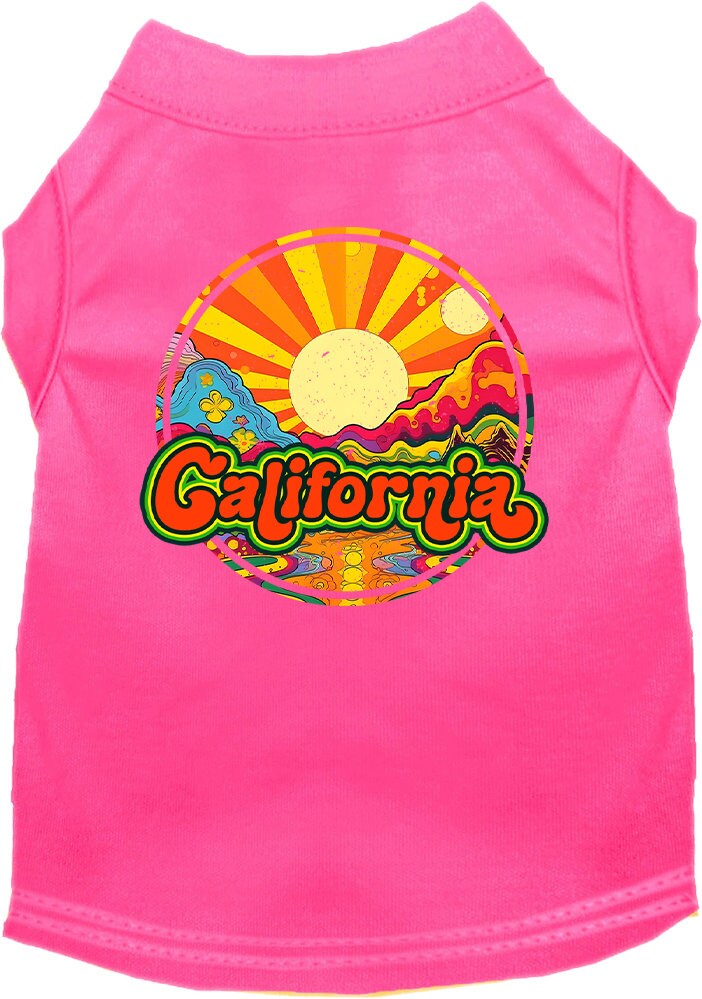 A medium to large pet wearing a stylish screen printed shirt with a 'California Mellow Mountain' design, showcasing comfort and durability.