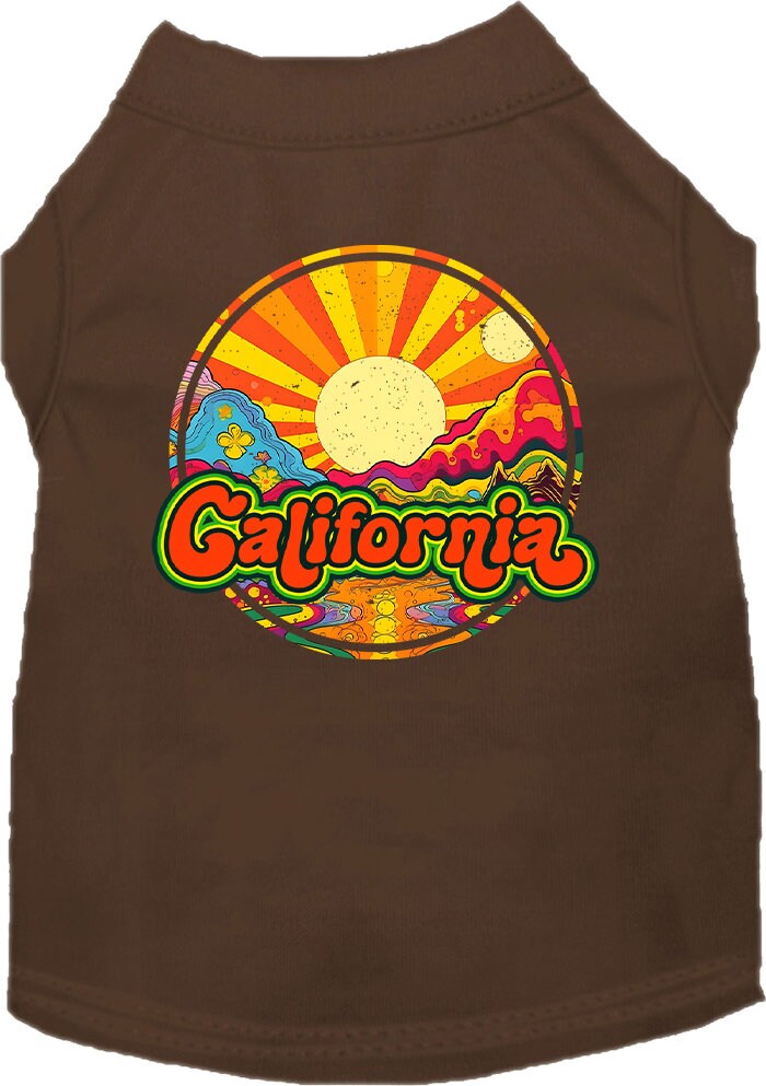 A medium to large pet wearing a stylish screen printed shirt with a 'California Mellow Mountain' design, showcasing comfort and durability.