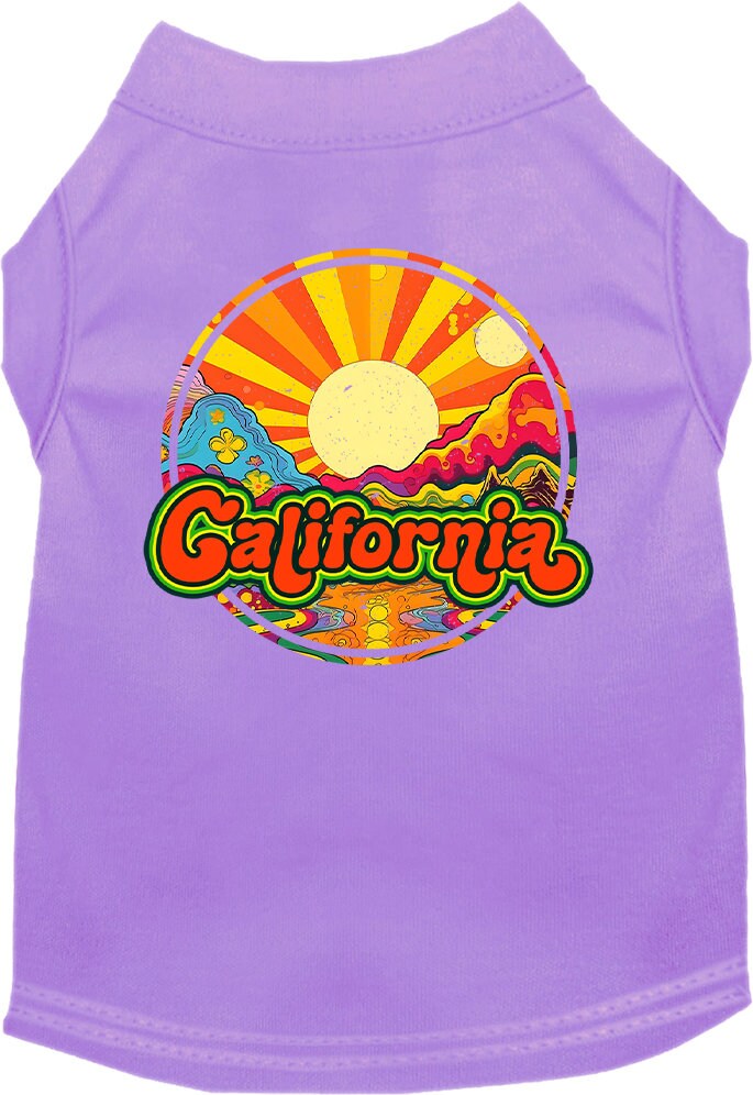 A medium to large pet wearing a stylish screen printed shirt with a 'California Mellow Mountain' design, showcasing comfort and durability.