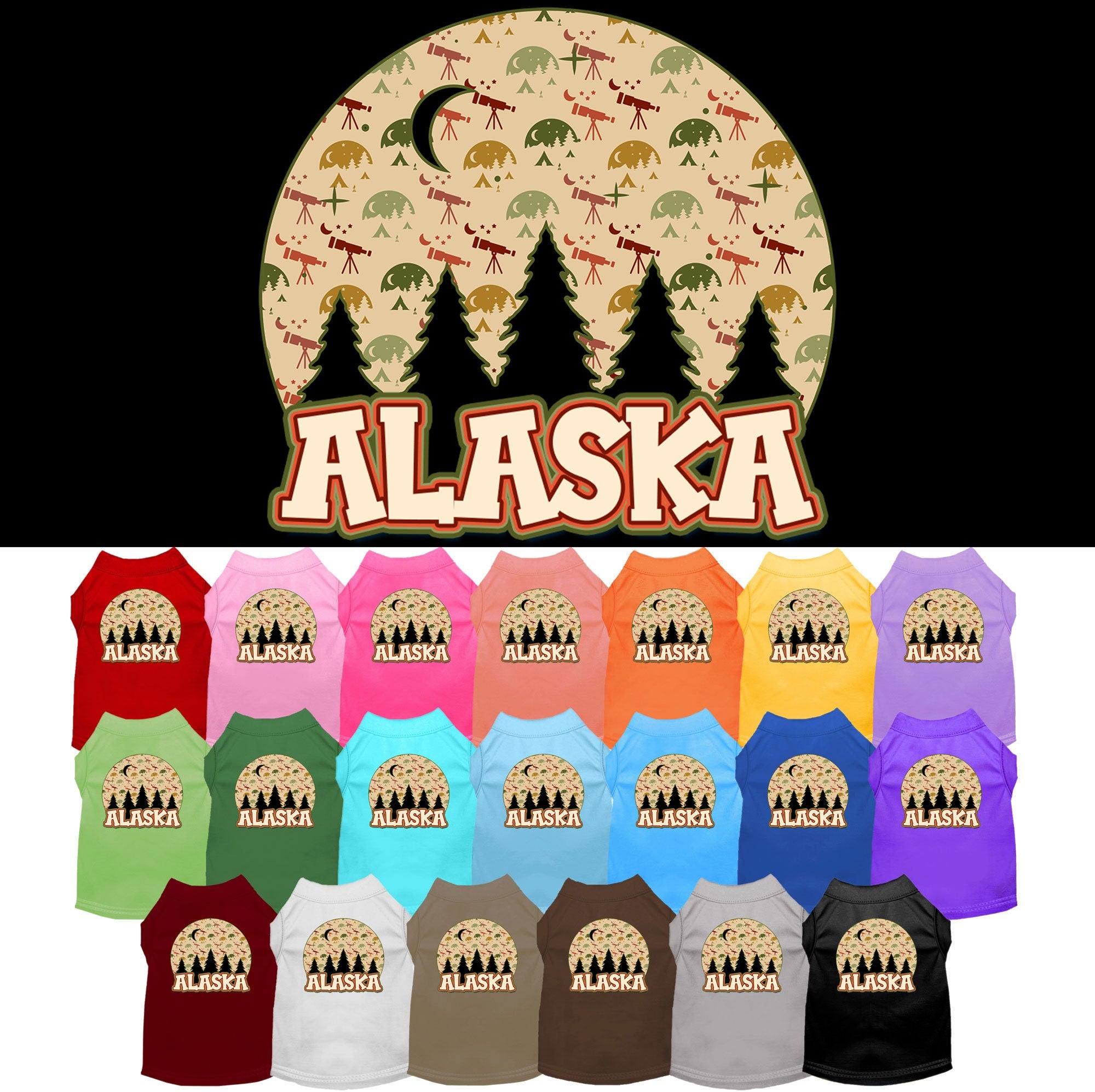 A soft and stylish screen printed shirt for medium to large pets, featuring a unique 'Alaska Under The Stars' design.