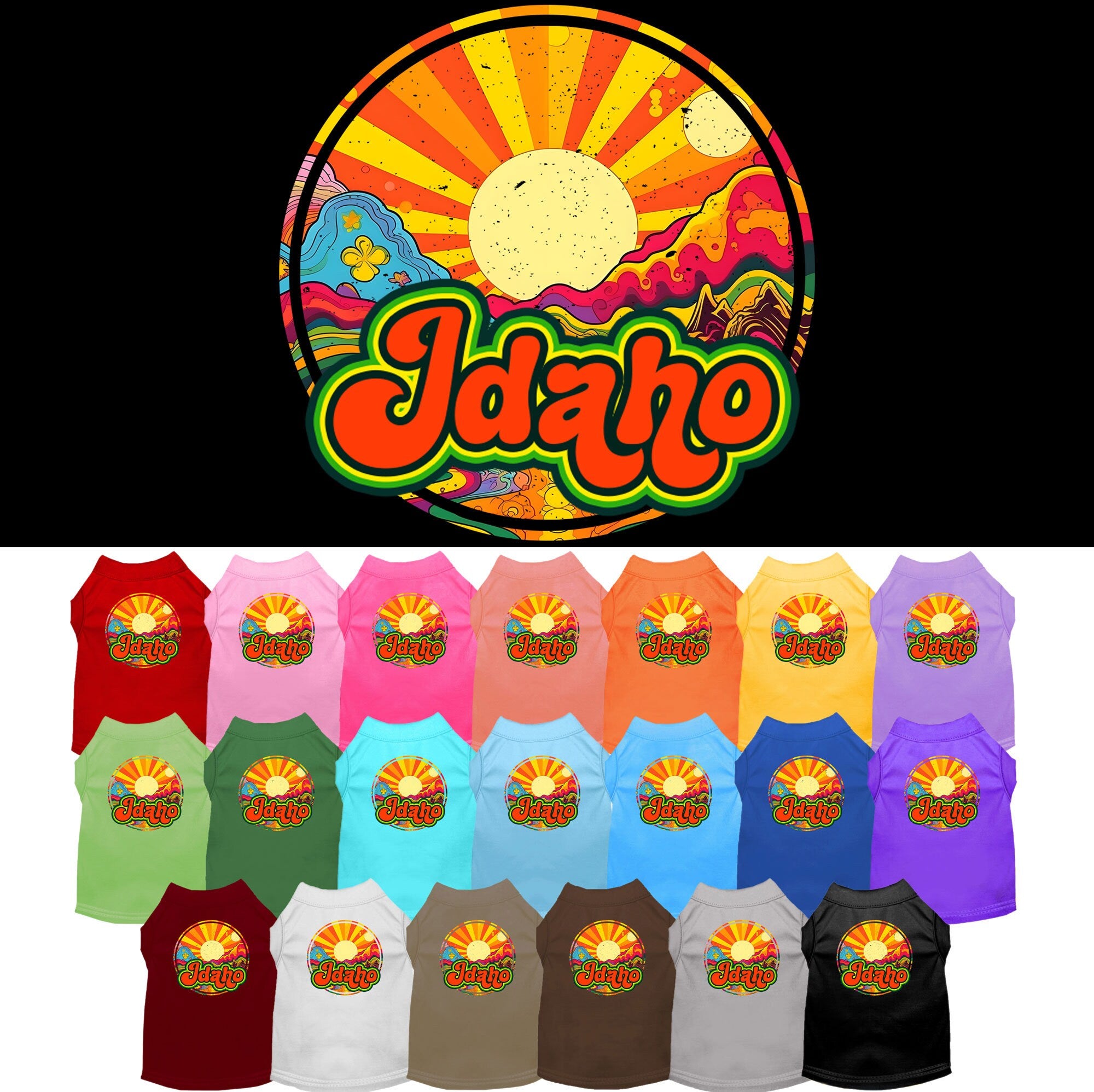 A soft and stylish screen printed shirt for medium to large pets featuring the 'Idaho Mellow Mountain' design, perfect for dogs and cats.