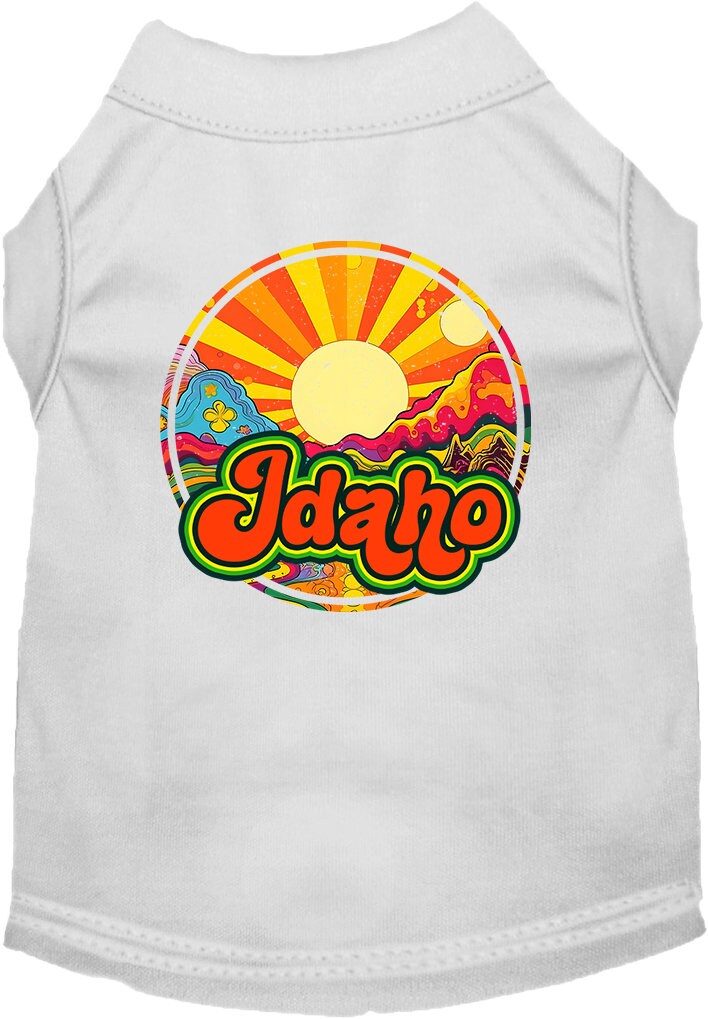 A soft and stylish screen printed shirt for medium to large pets featuring the 'Idaho Mellow Mountain' design, perfect for dogs and cats.