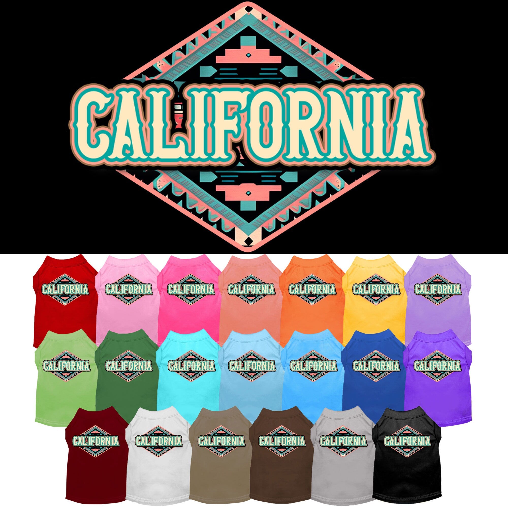 A stylish screen printed shirt for medium to large pets featuring a California Peach Aztec design, made from a soft cotton-polyester blend.