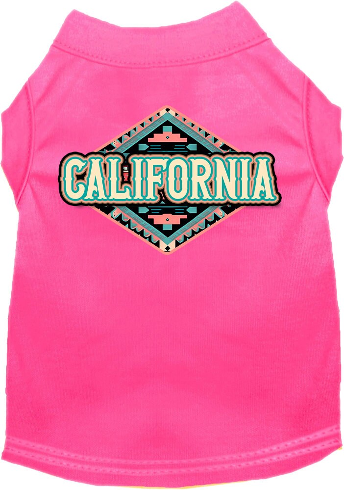 A stylish screen printed shirt for medium to large pets featuring a California Peach Aztec design, made from a soft cotton-polyester blend.