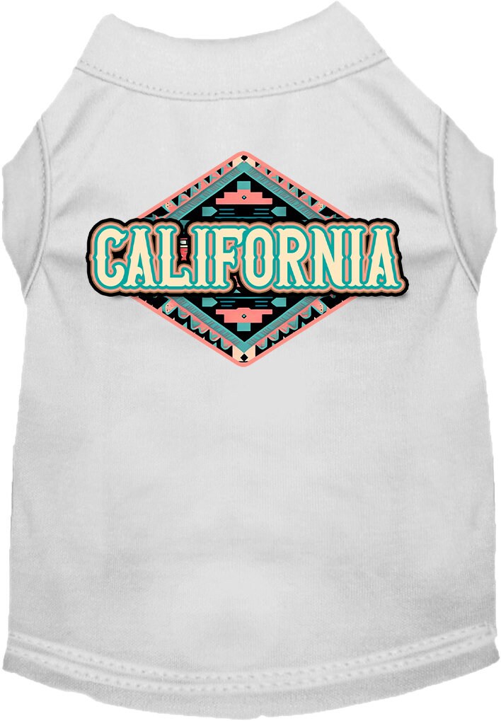 A stylish screen printed shirt for medium to large pets featuring a California Peach Aztec design, made from a soft cotton-polyester blend.