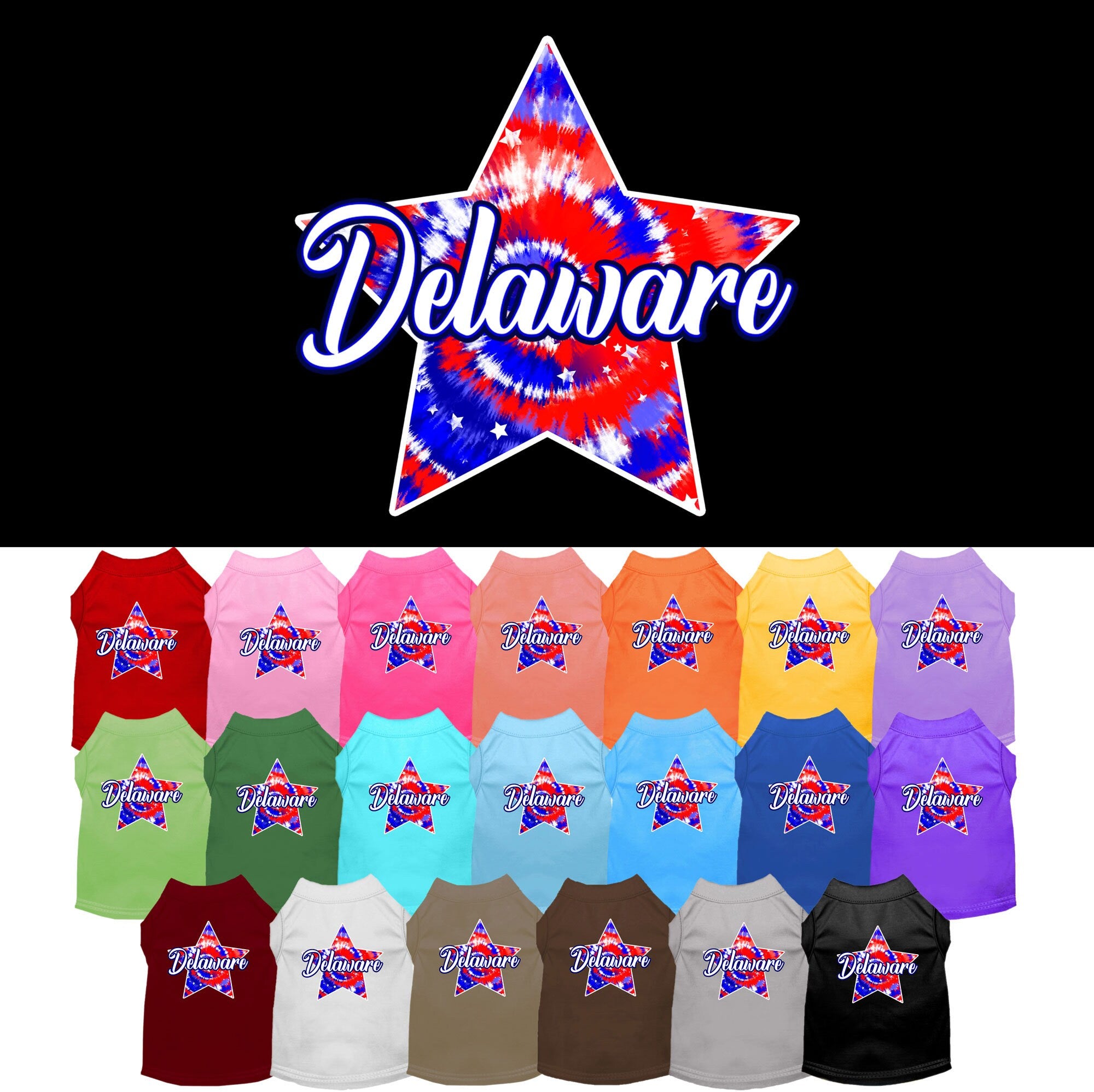 A medium to large pet wearing a Delaware Patriotic Tie Dye shirt, showcasing vibrant colors and a comfortable fit.