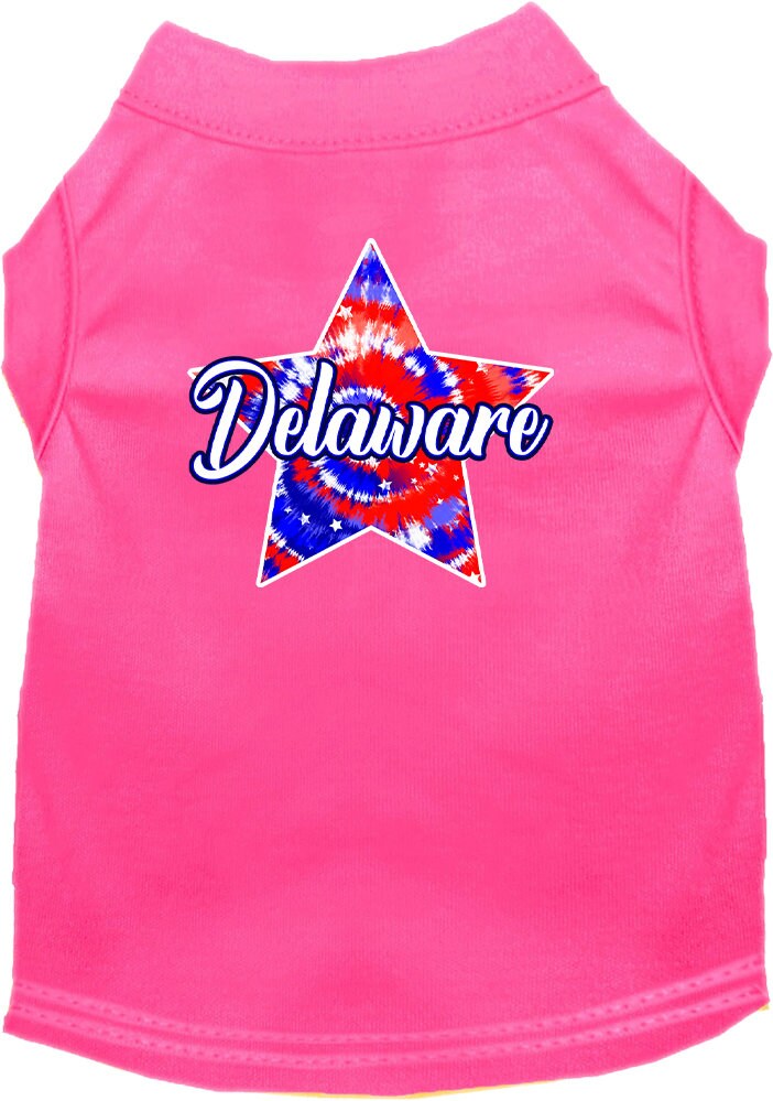 A medium to large pet wearing a Delaware Patriotic Tie Dye shirt, showcasing vibrant colors and a comfortable fit.