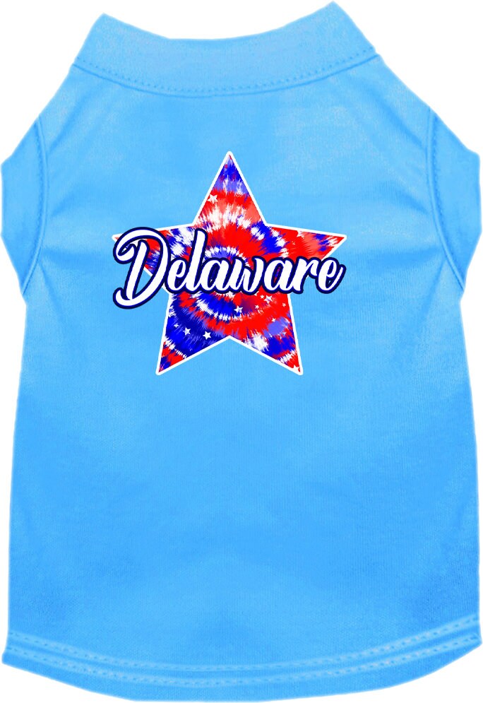 A medium to large pet wearing a Delaware Patriotic Tie Dye shirt, showcasing vibrant colors and a comfortable fit.