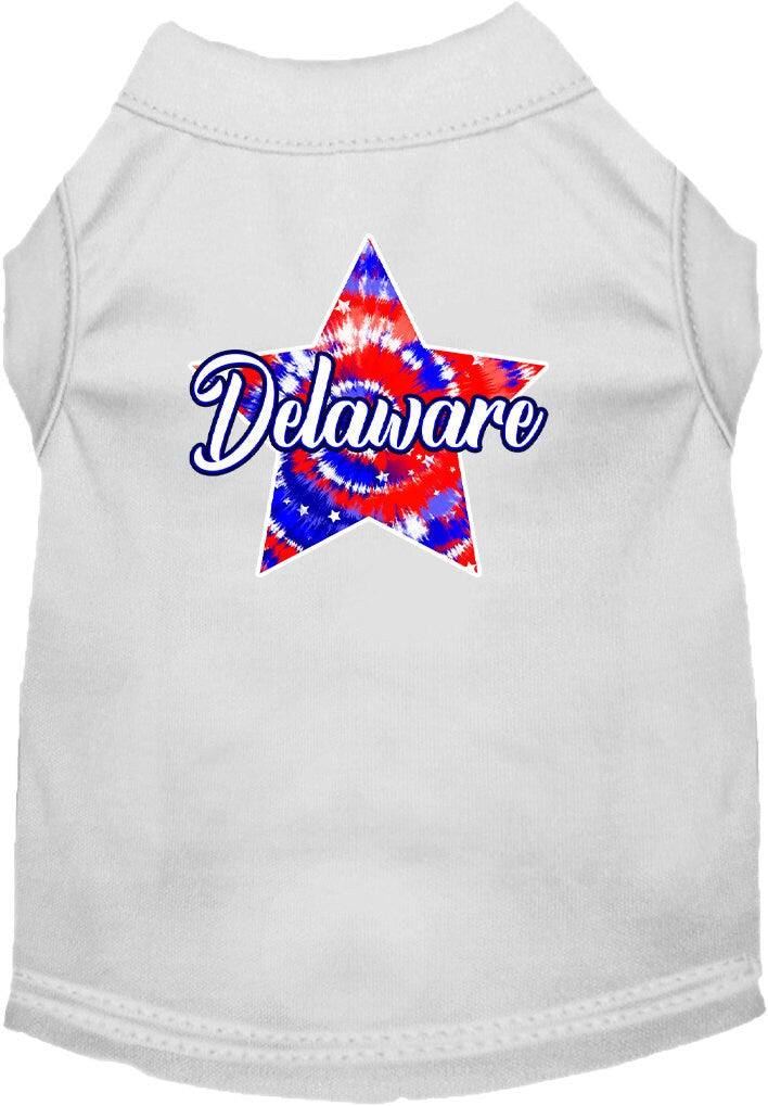 A medium to large pet wearing a Delaware Patriotic Tie Dye shirt, showcasing vibrant colors and a comfortable fit.