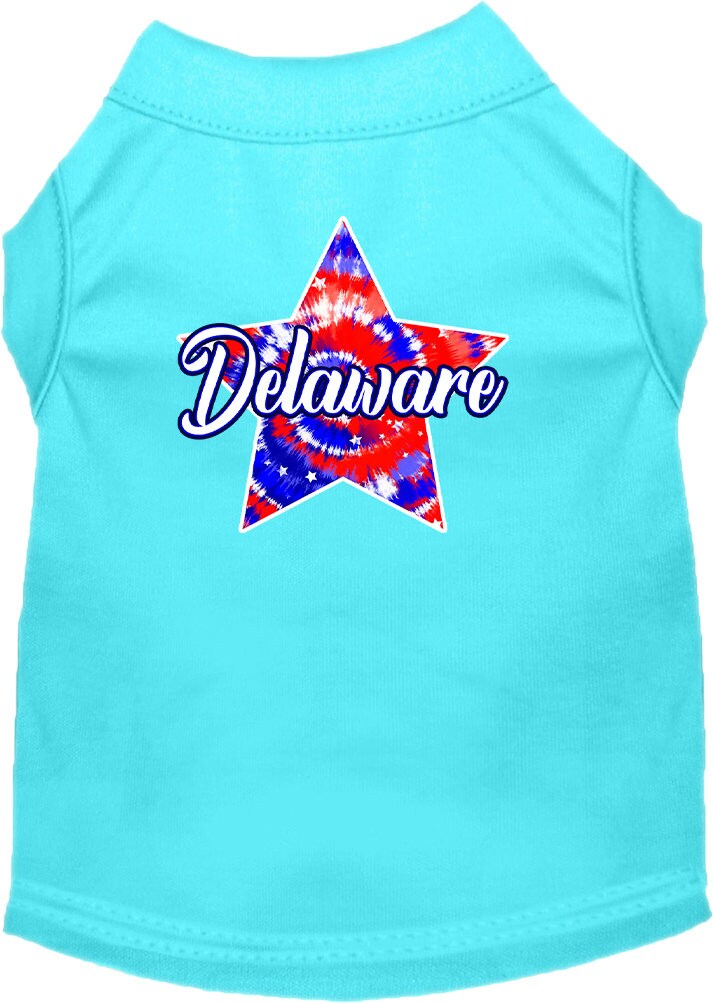 A medium to large pet wearing a Delaware Patriotic Tie Dye shirt, showcasing vibrant colors and a comfortable fit.