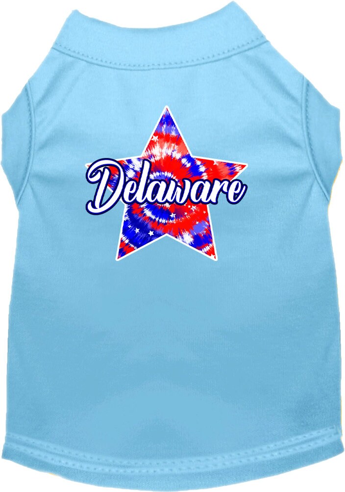 A medium to large pet wearing a Delaware Patriotic Tie Dye shirt, showcasing vibrant colors and a comfortable fit.