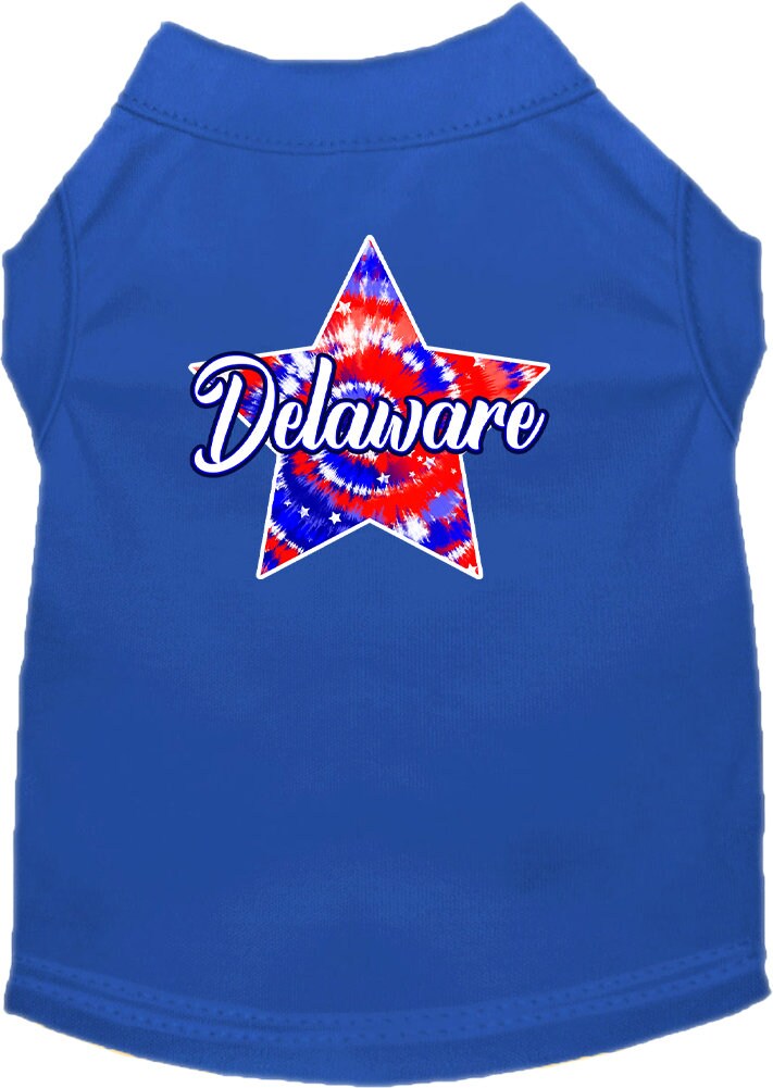 A medium to large pet wearing a Delaware Patriotic Tie Dye shirt, showcasing vibrant colors and a comfortable fit.