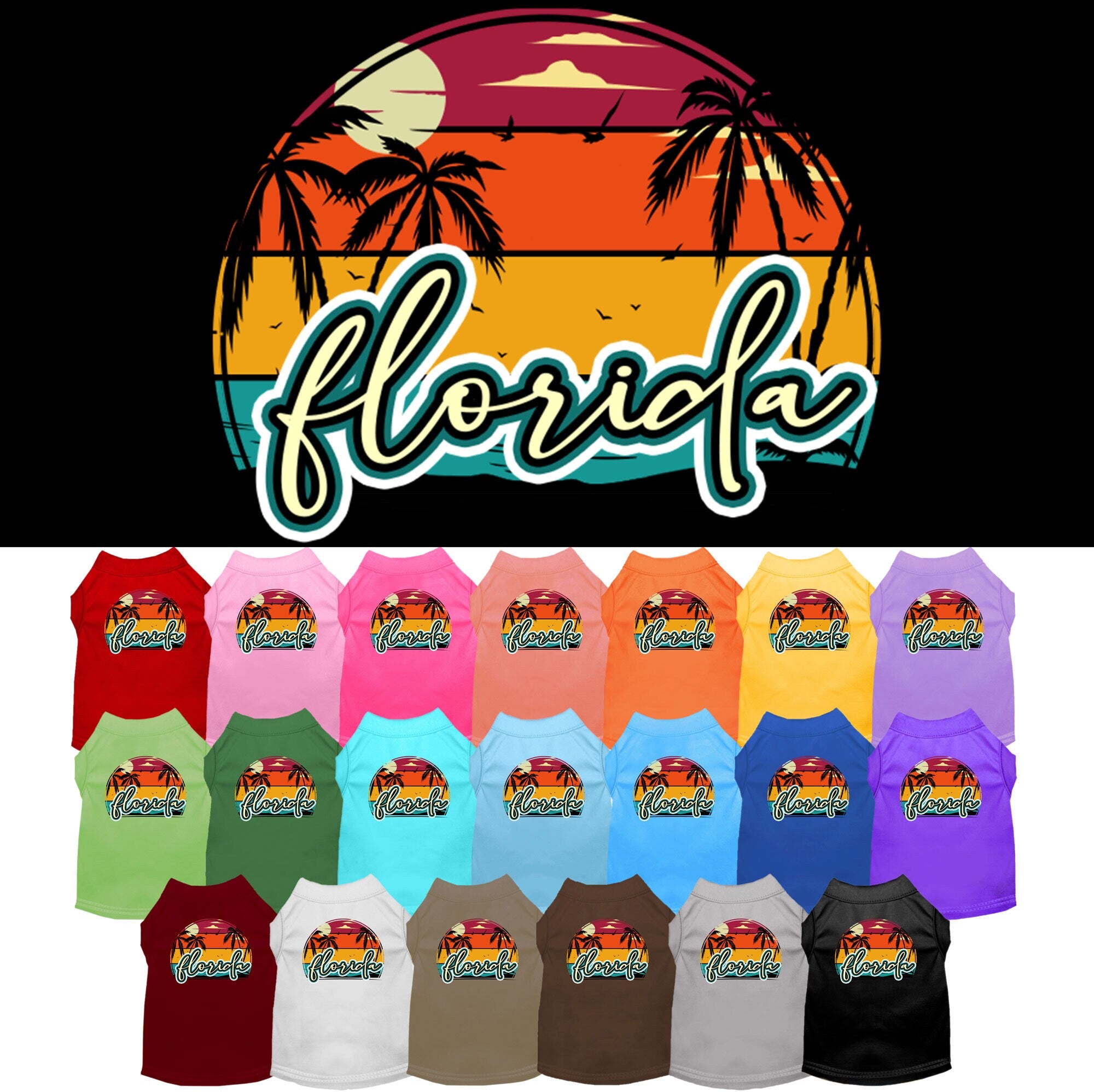 A medium to large pet wearing a Florida Retro Beach Sunset screen printed shirt, showcasing vibrant colors and a comfortable fit.