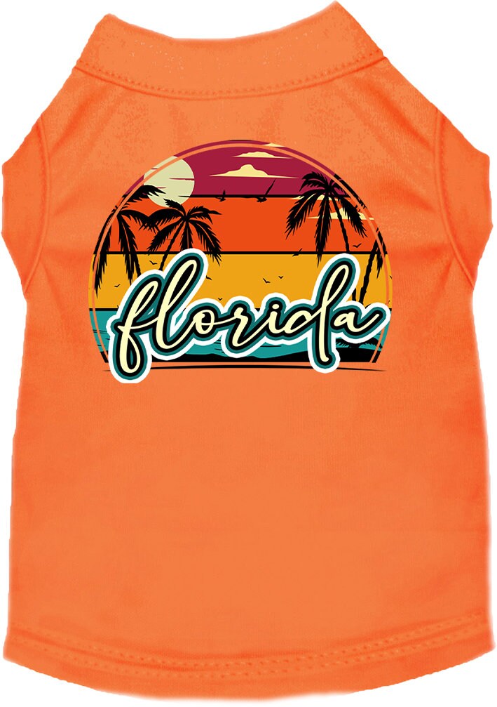 A medium to large pet wearing a Florida Retro Beach Sunset screen printed shirt, showcasing vibrant colors and a comfortable fit.