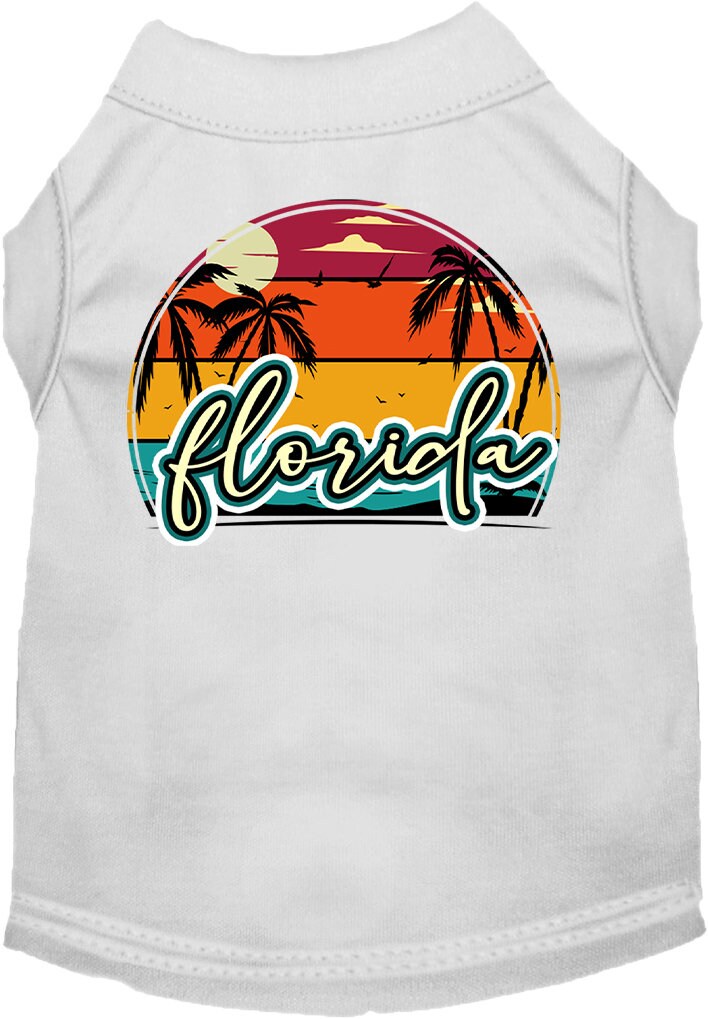 A medium to large pet wearing a Florida Retro Beach Sunset screen printed shirt, showcasing vibrant colors and a comfortable fit.