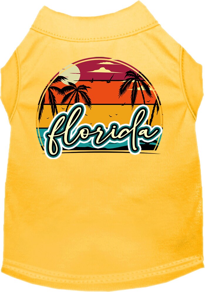 A medium to large pet wearing a Florida Retro Beach Sunset screen printed shirt, showcasing vibrant colors and a comfortable fit.