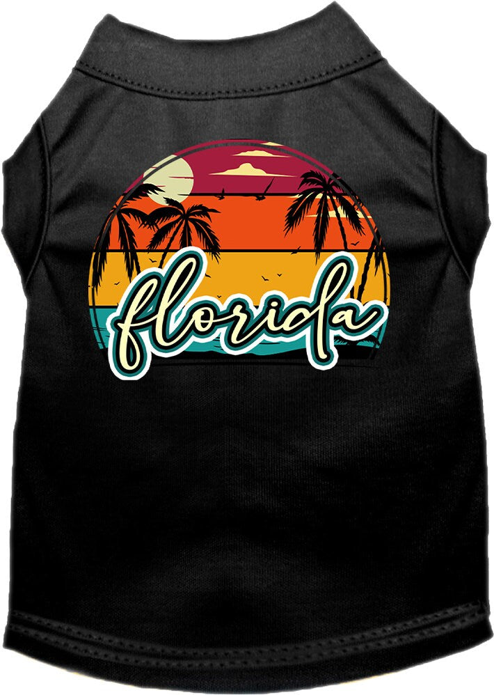 A medium to large pet wearing a Florida Retro Beach Sunset screen printed shirt, showcasing vibrant colors and a comfortable fit.
