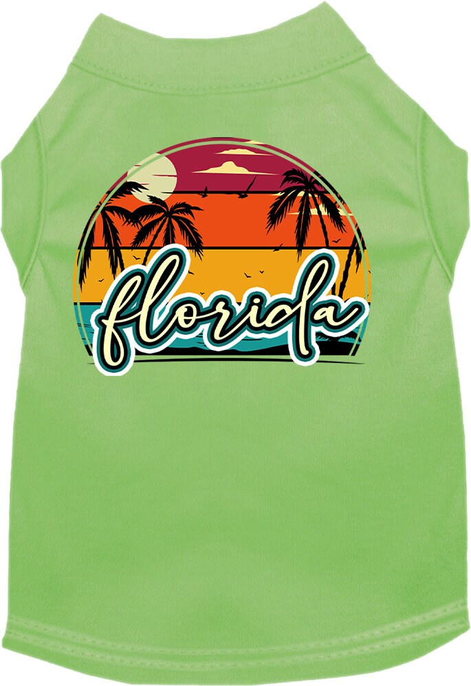 A medium to large pet wearing a Florida Retro Beach Sunset screen printed shirt, showcasing vibrant colors and a comfortable fit.